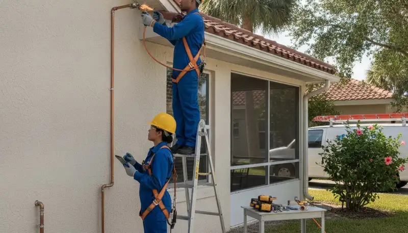 Clearwater, FL plumbing repair technician servicing a residential pipe leak for local homeowners