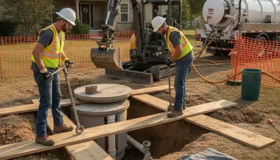 Septic repair technician serving Clearwater, FL homes with plumbing equipment on site
